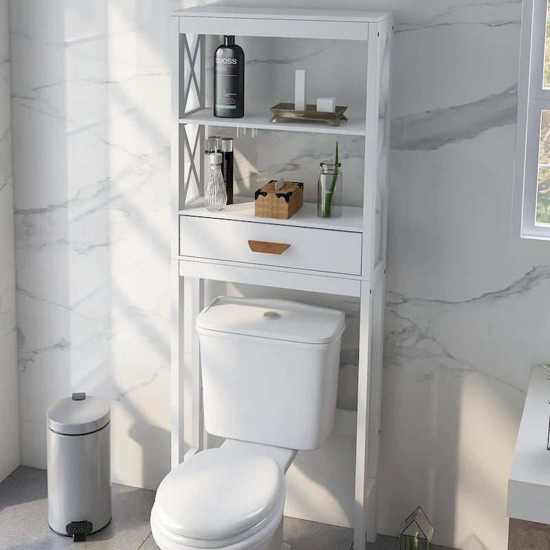 Meuble de rangement blanc pour WC, avec un tiroir et 2 étagères