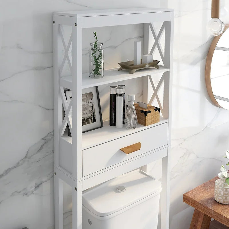 Meuble de rangement blanc pour WC, avec un tiroir et 2 étagères