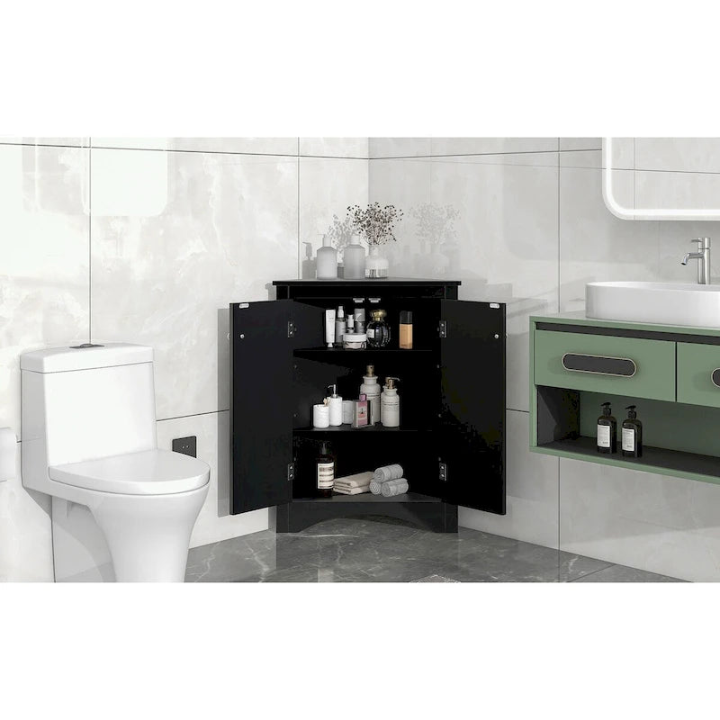 Meuble de rangement d'angle pour salle de bain avec étagères réglables