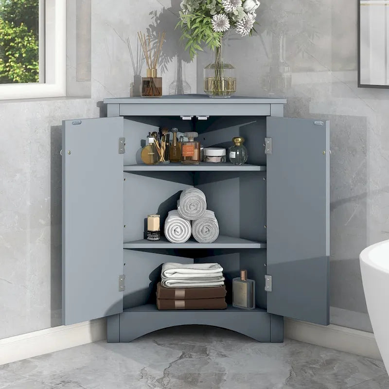 Meuble de rangement d'angle pour salle de bain avec étagères réglables