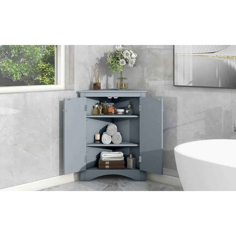 Meuble de rangement d'angle pour salle de bain avec étagères réglables