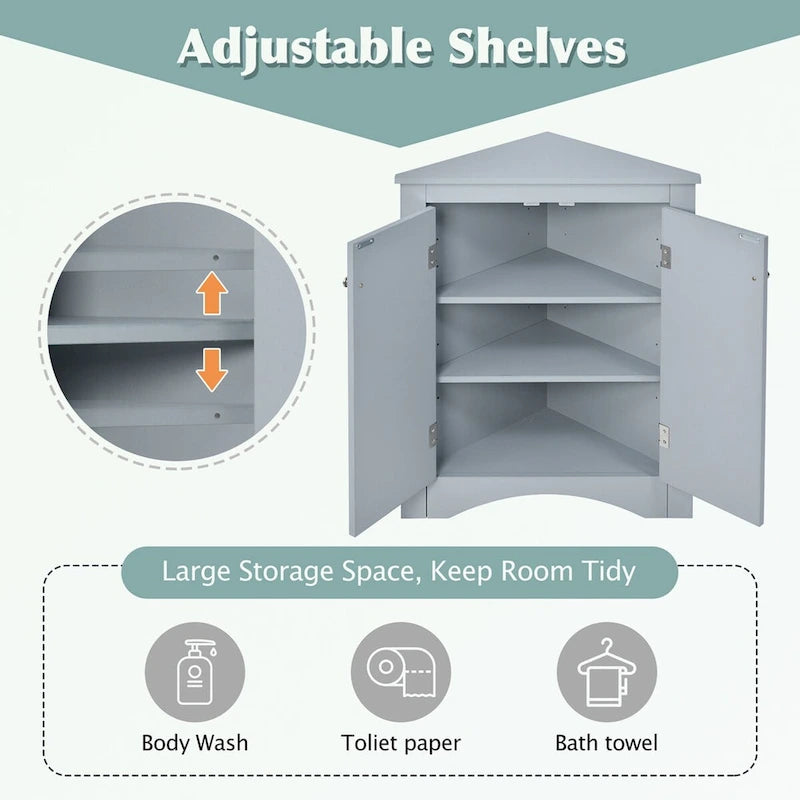 Meuble de rangement d'angle pour salle de bain avec étagères réglables