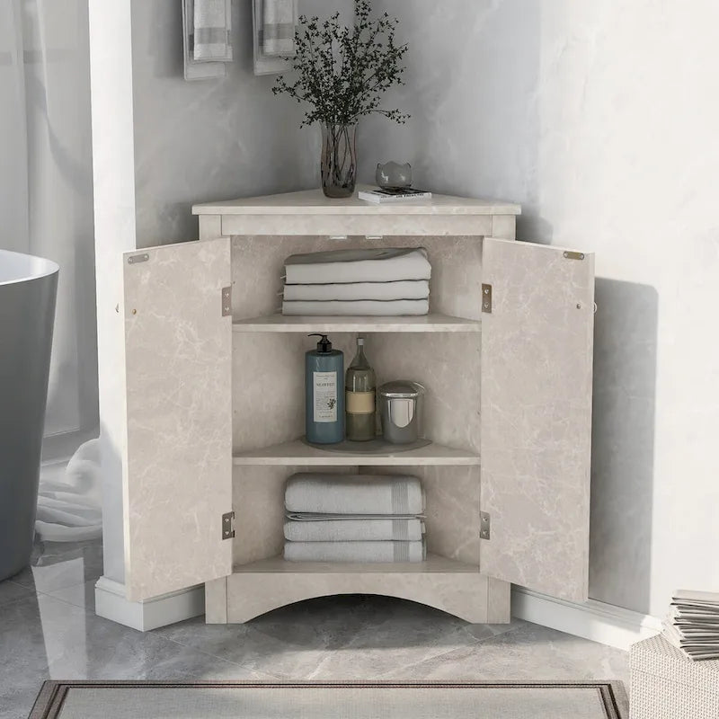 Meuble de rangement d'angle pour salle de bain avec étagères réglables