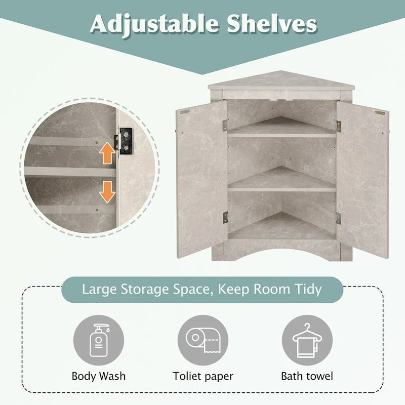 Meuble de rangement d'angle pour salle de bain avec étagères réglables