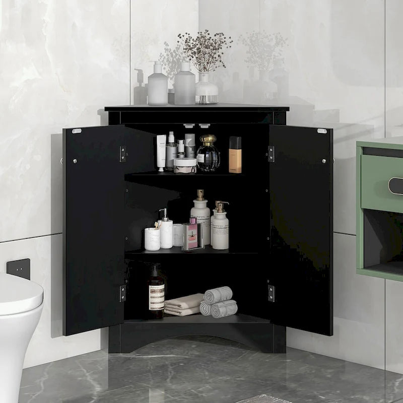 Meuble de rangement d'angle pour salle de bain avec étagères réglables