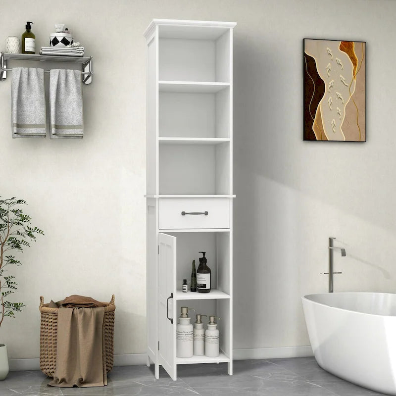 Meuble de salle de bain en bois avec porte simple et étagères
