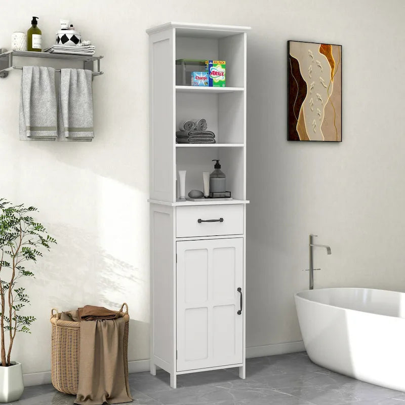 Meuble de salle de bain en bois avec porte simple et étagères
