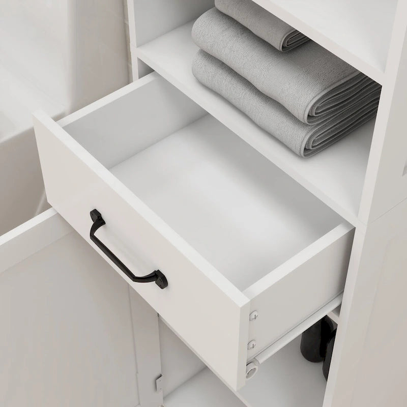 Meuble de salle de bain en bois avec porte simple et étagères