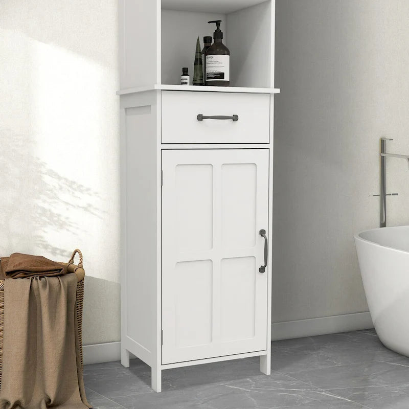 Meuble de salle de bain en bois avec porte simple et étagères