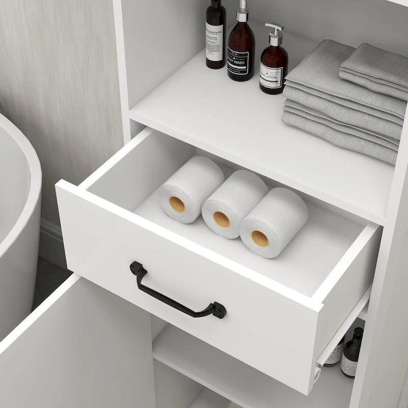 Meuble de salle de bain en bois avec porte simple et étagères