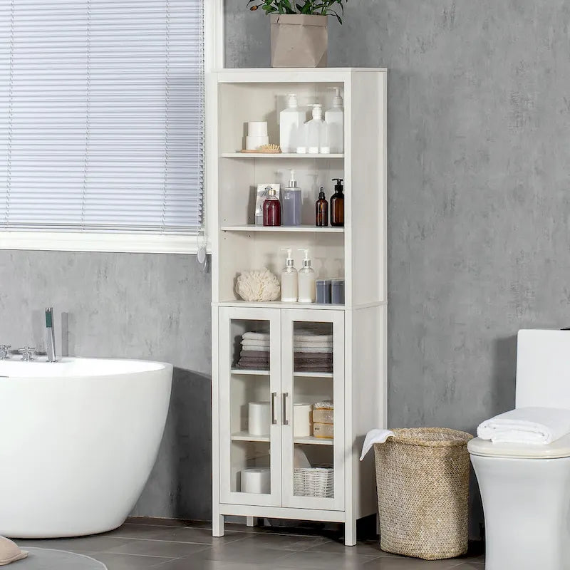 Tall Bathroom Cabinet, Linen Tower with Adjustable Shelves, 3 Tier Shelf & 2 Glass Door