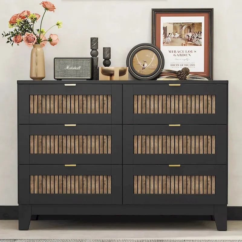Commode rustique en bois de style fermier avec 6 tiroirs
