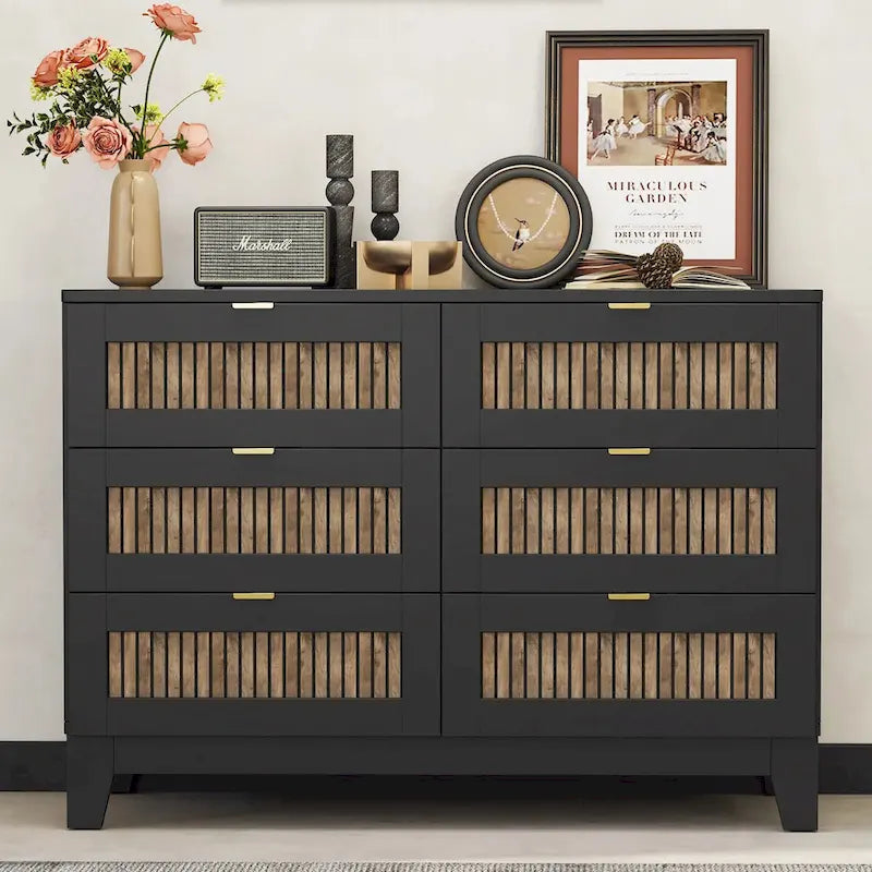 Commode rustique en bois de style fermier avec 6 tiroirs