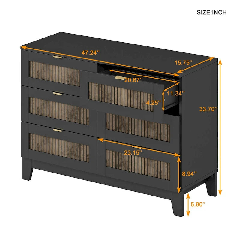 Commode rustique en bois de style fermier avec 6 tiroirs