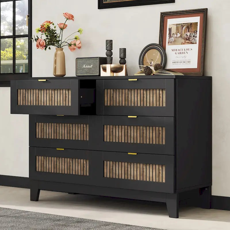 Commode rustique en bois de style fermier avec 6 tiroirs