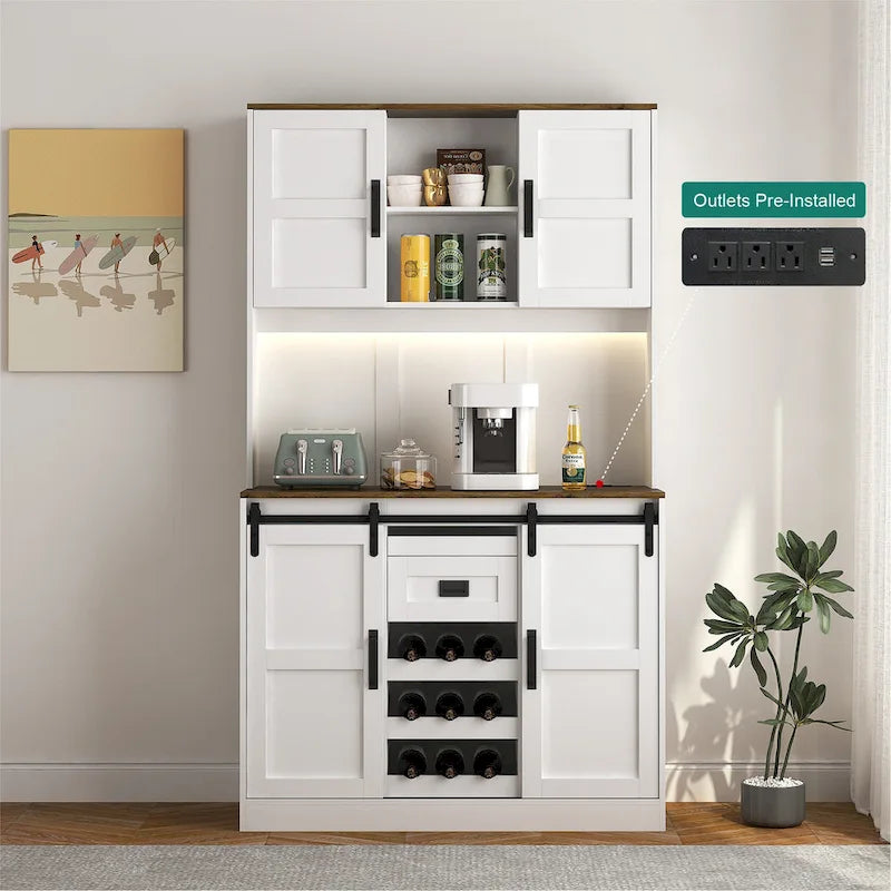 Farmhouse Bar Cabinet with Sliding Barn Door, Large Kitchen Buffet Rustic Coffee Bar Sideboard Table,White