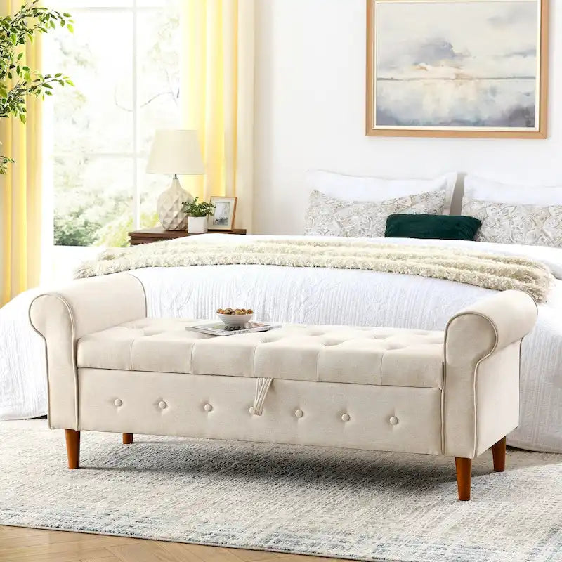 Banc de rangement capitonné à boutons pour chambre à coucher, pouf moderne en tissu