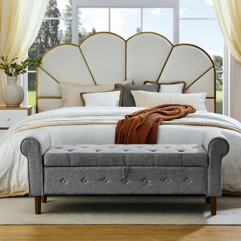62 Bedroom Tufted Button Storage Bench, Modern Fabric Upholstered Ottoman,Window Bench,Rolled Arm Design for Bedroom