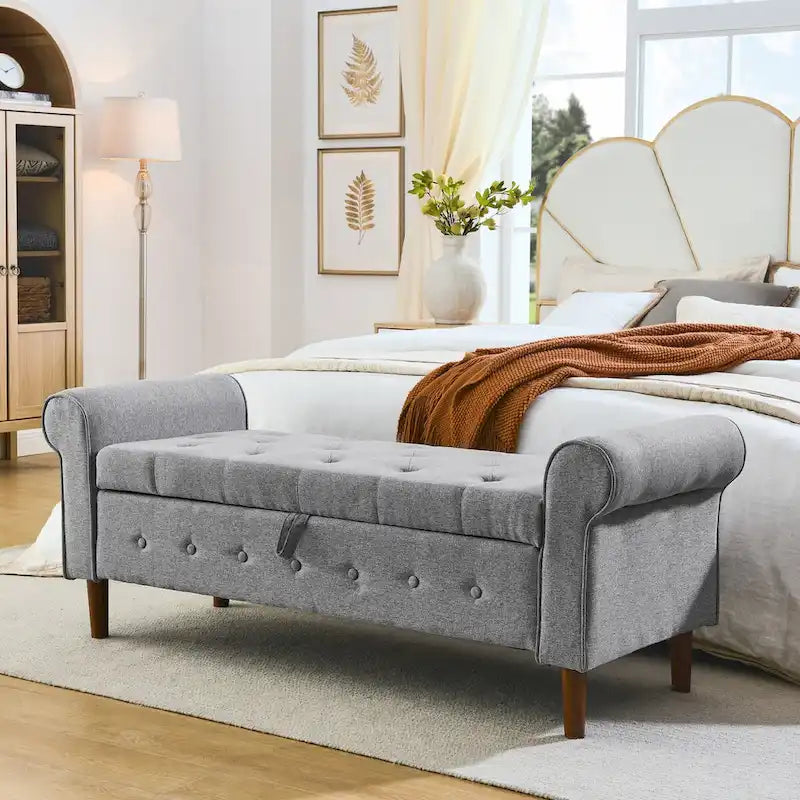 Banc de rangement capitonné à boutons pour chambre à coucher, pouf moderne en tissu