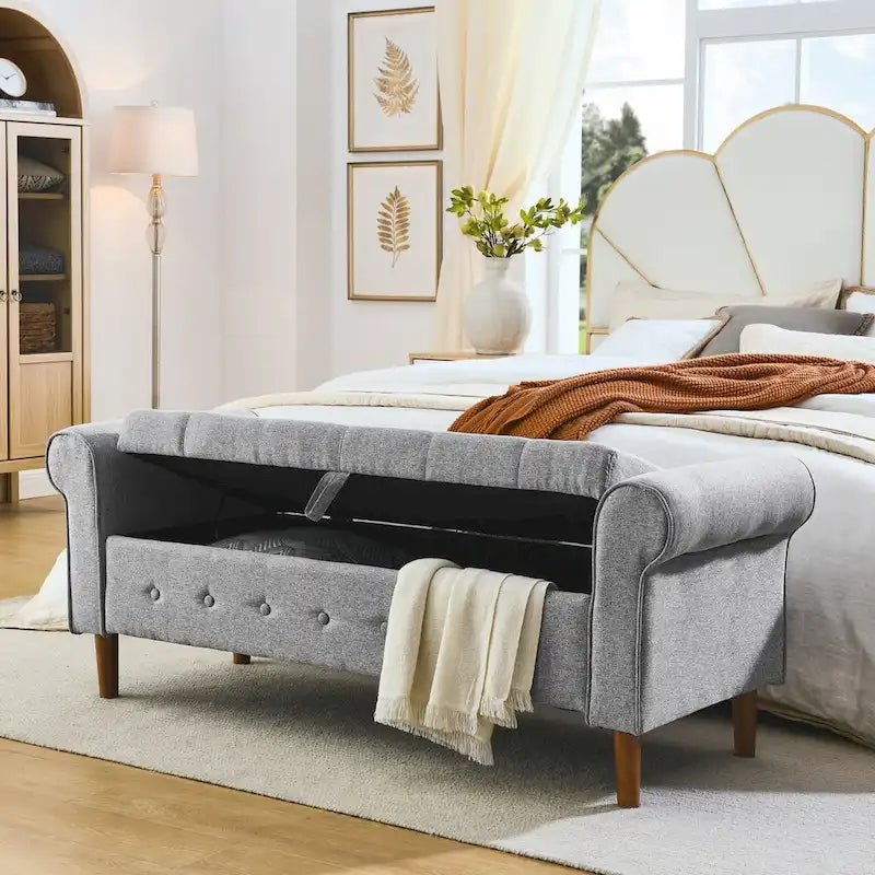 Banc de rangement capitonné à boutons pour chambre à coucher, pouf moderne en tissu