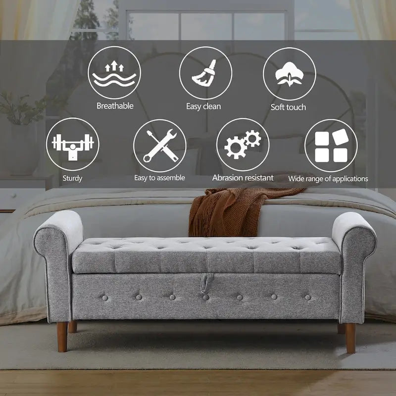 Banc de rangement capitonné à boutons pour chambre à coucher, pouf moderne en tissu