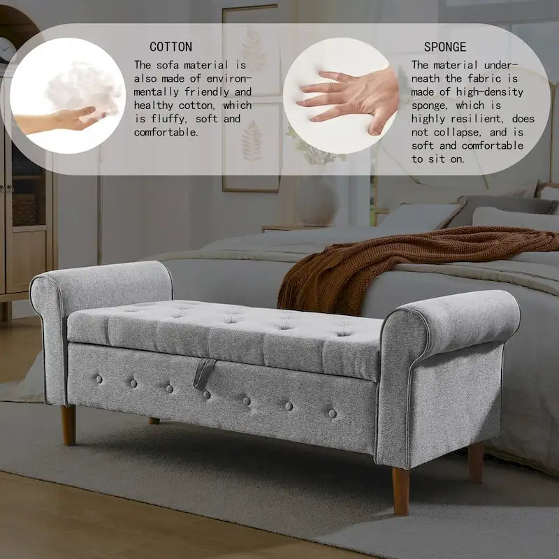 Banc de rangement capitonné à boutons pour chambre à coucher, pouf moderne en tissu