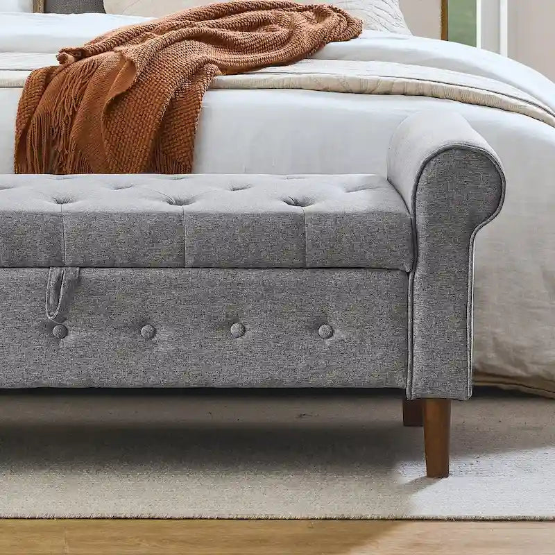 Banc de rangement capitonné à boutons pour chambre à coucher, pouf moderne en tissu