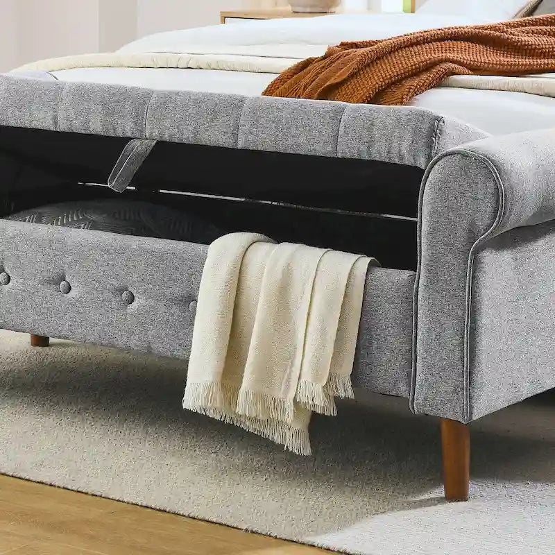 Banc de rangement capitonné à boutons pour chambre à coucher, pouf moderne en tissu