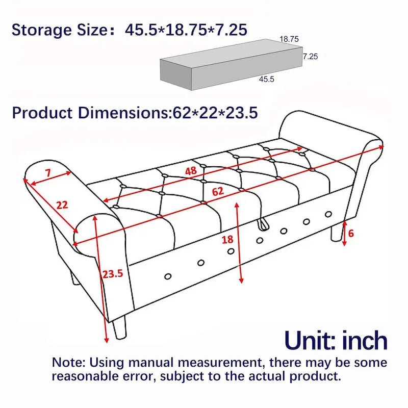 Banc de rangement capitonné à boutons pour chambre à coucher, pouf moderne en tissu