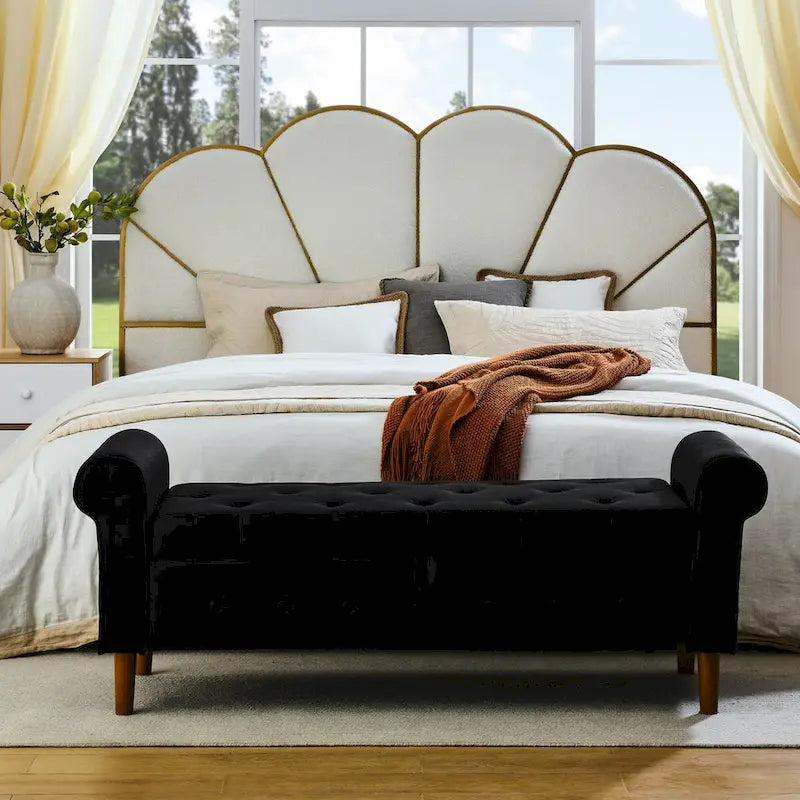 Banc de rangement capitonné à boutons pour chambre à coucher, pouf moderne en tissu