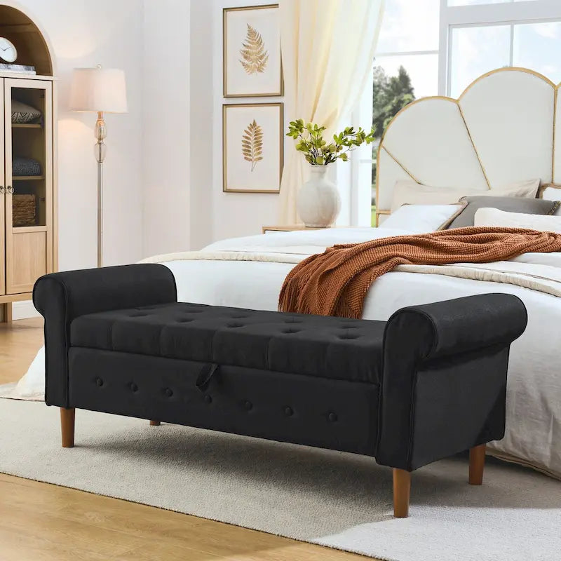 Banc de rangement capitonné à boutons pour chambre à coucher, pouf moderne en tissu