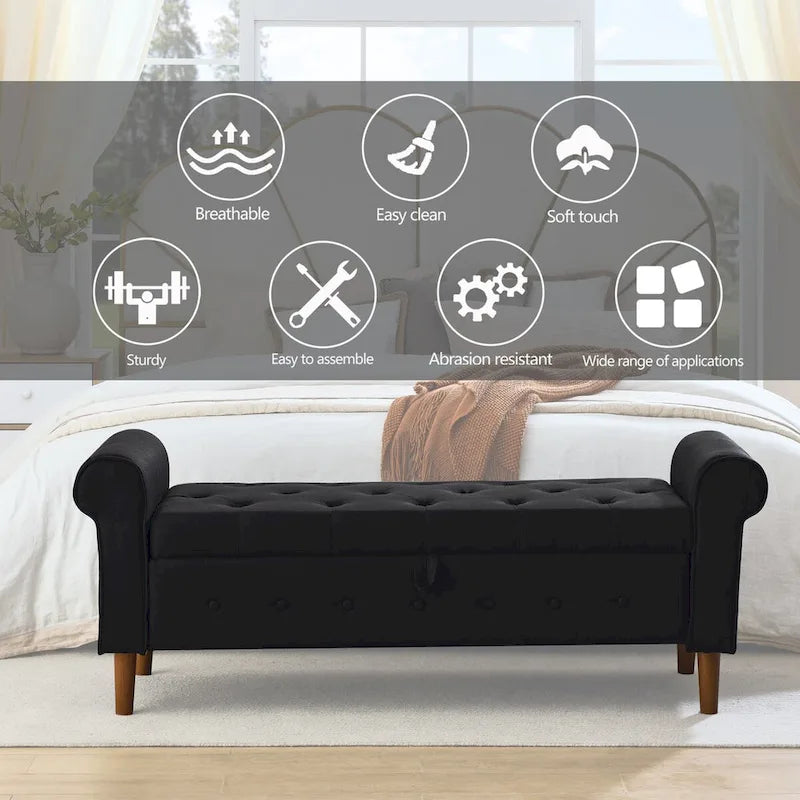 Banc de rangement capitonné à boutons pour chambre à coucher, pouf moderne en tissu