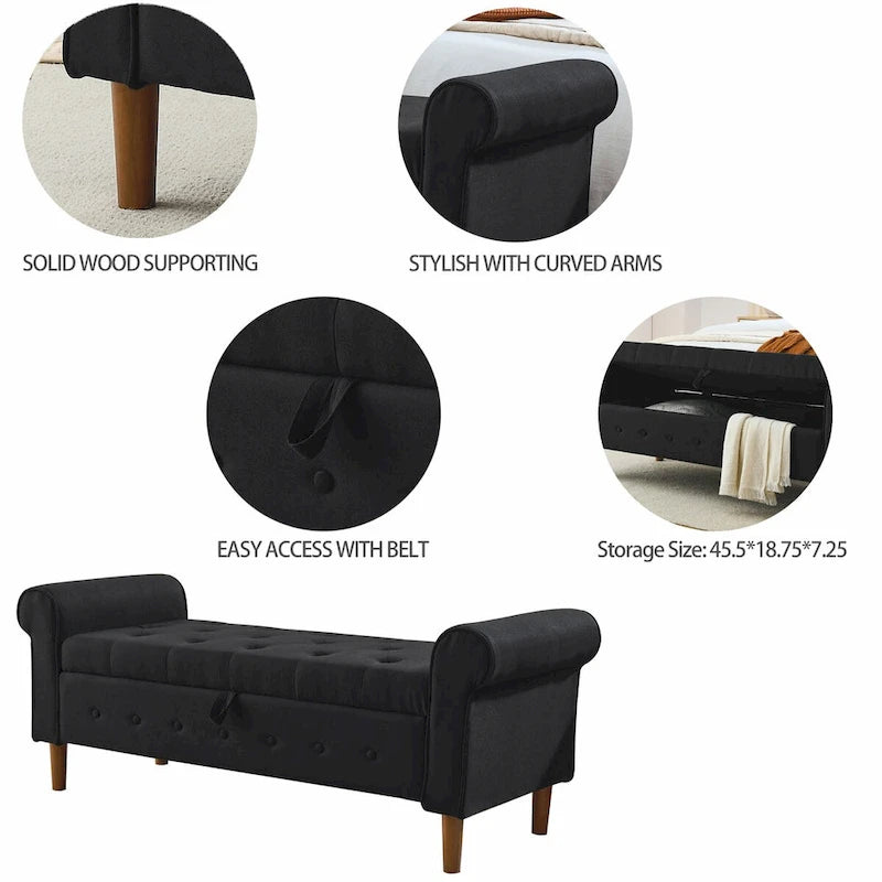 Banc de rangement capitonné à boutons pour chambre à coucher, pouf moderne en tissu