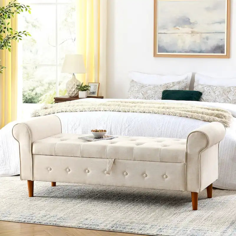 Banc de rangement capitonné à boutons pour chambre à coucher, pouf moderne en tissu