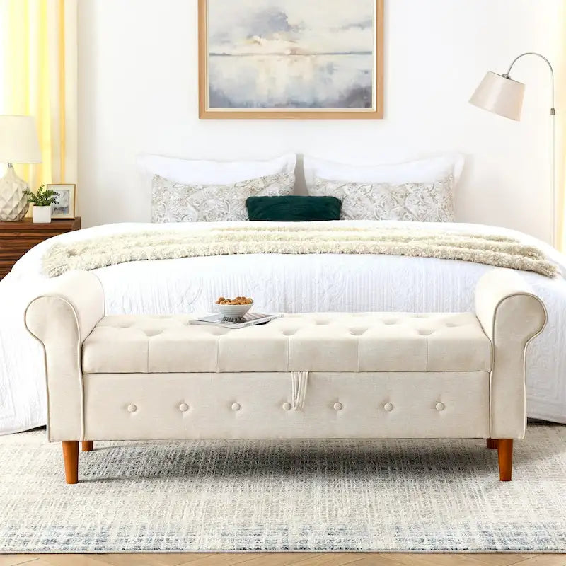 Banc de rangement capitonné à boutons pour chambre à coucher, pouf moderne en tissu
