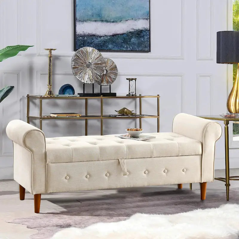 Banc de rangement capitonné à boutons pour chambre à coucher, pouf moderne en tissu