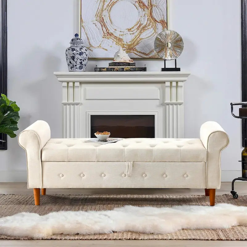 Banc de rangement capitonné à boutons pour chambre à coucher, pouf moderne en tissu