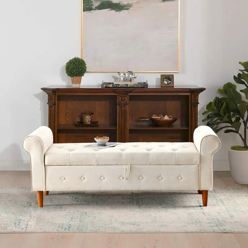 Banc de rangement capitonné à boutons pour chambre à coucher, pouf moderne en tissu