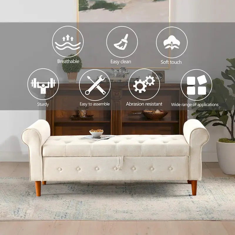 Banc de rangement capitonné à boutons pour chambre à coucher, pouf moderne en tissu