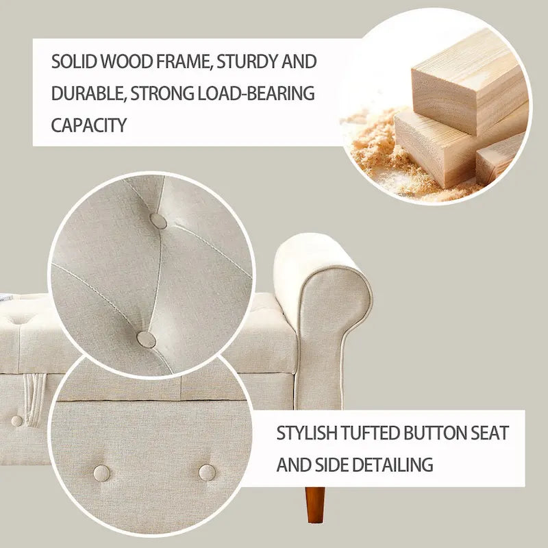Banc de rangement capitonné à boutons pour chambre à coucher, pouf moderne en tissu